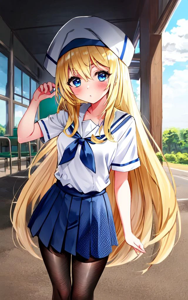 gs_priestess kawaii petit cute 1girl, blonde hair very long hair sidelock bang hair between eyes, blue eyes eyelashes thick eyebrows, medium breasts, thigh skindantation +++ whiskers blush  +++, on back, portrait , looking at viewer, , black  short sleeve  fishnet tights, school bag