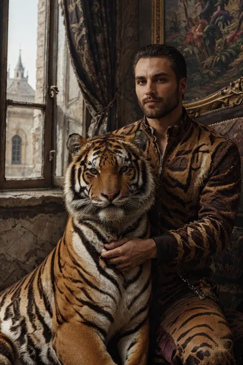 obra de arte,melhor qualidade, gigachad, homem, rei, fundo do castelo, sentado, roupa roxa, Sozinho, Retrato, (loorei at viewer),renascimento,  estilo animal, (a homem with a large tiger), 