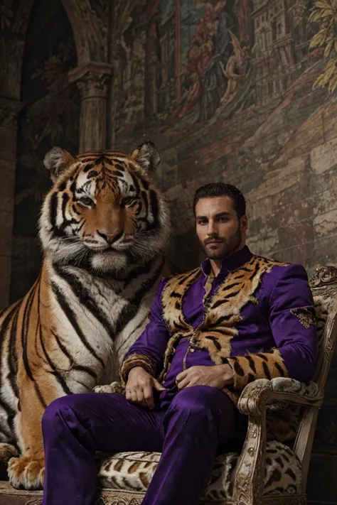 masterpiece,best quality, gigachad, man, king, castle background, sitting, purple outfit, solo, portrait, (looking at viewer),renaissance,  <lora:tiger_v01_02:0.75>,animalstyle, (a man with a large tiger), <lora:gigachadDiffusionLora_v69:0.5>, <lora:epiCRealismHelper:1> <lora:epiNoiseoffset_v2Pynoise:1>