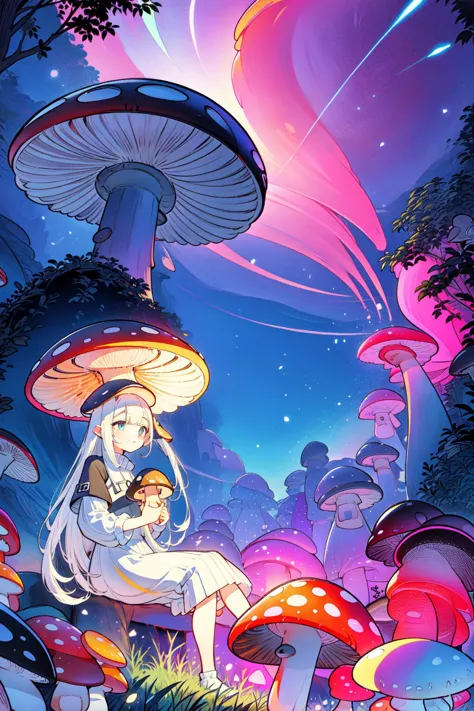 a girl sitting on a mushroom covered ground with a bunch of mushrooms