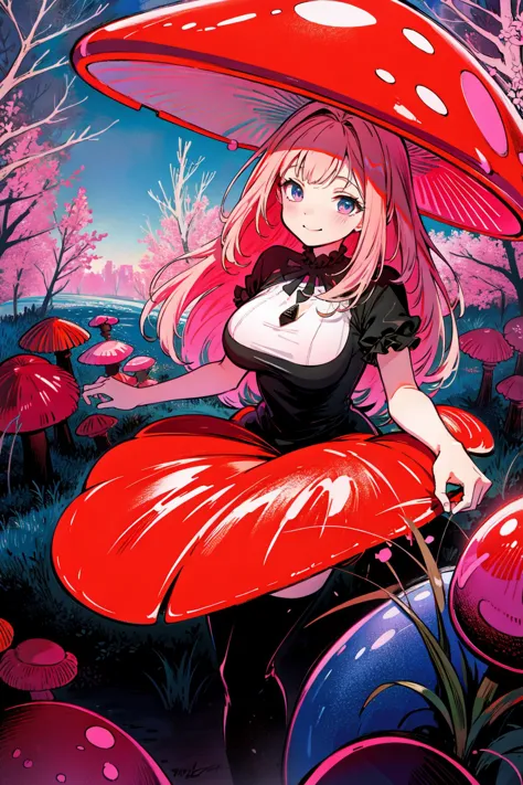 good detailed, (glowing background),
best quality, wide-angle Hyperdetailed, masterpiece, 8k, natural lighting, soft lighting, sunlight, HDR (High Dynamic Range), Maximum Clarity And Sharpness, Multi-Layered Textures,
 red Mushroom,Mushroom_Girl, long hair, smile, large breasts