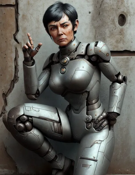 <lora:OxideTech:1.0> OxideTech female Space relic restorer, , Retirement age, Statuesque, Russian, Honey eyes,  Crooked Nose, Unique Chin,  High Cheekbones, Low Forehead, Rectangular face shape, Sculpted Abs, Freckles, Jet Black Blunt cut hair, Anger, Crou...