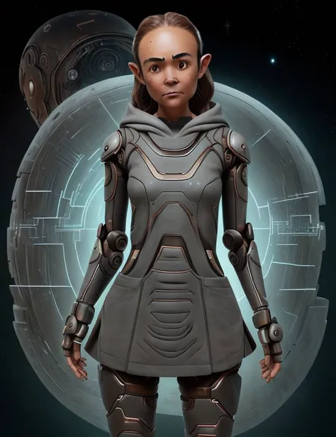 <lora:OxideTech:1.0> OxideTech female Space battle tactician, , Elderly, Plump, Indigenous Australian, Gray eyes, Gauged Ears,    Hollow Cheeks, Flat Forehead, Square face shape with Round Forehead, Elegantly Arched Feet,  , Light Chestnut Long layers hair...