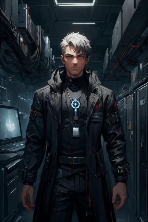 maximum details, cinematic, abstract art, dark theme, stylized, deep shadow, (1man, muscular adult  male:1.2),  grey eyes, light blonde hair, blunt cut, 
 looking at viewer, solo, half shot, detailed background, detailed face, (oxidetech theme:1.1) evil high-tech futuristic hacker, smirk, advanced technology, coat, techwear, wearable device, keycard, cables,  blue (holographic display:1.05),  encrypted symbols, laptop, artificial intelligence, server room in background,  subterfuge, dark sinister atmosphere, 
