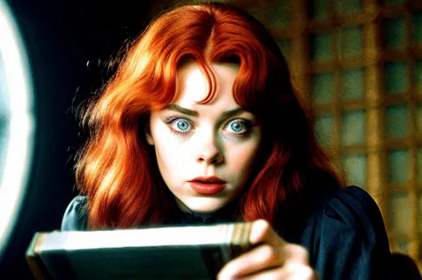dvd screengrab of a live action 80sdarkfantasysd15b film starring (caoimhelastnamesd15. a welsh woman with red hair), BREAK portrait, looking at viewer, solo, upper body, detailed background, detailed face, (junker,   oxidetech theme:1.1) evil high-tech futuristic hacker,  advanced technology,  techwear,   electronics,  blue (holographic display:1.05), error message, encoded text, laptop, floorplan, control panel in background, blue lights, subterfuge, dark sinister atmosphere, shadows, BREAK 