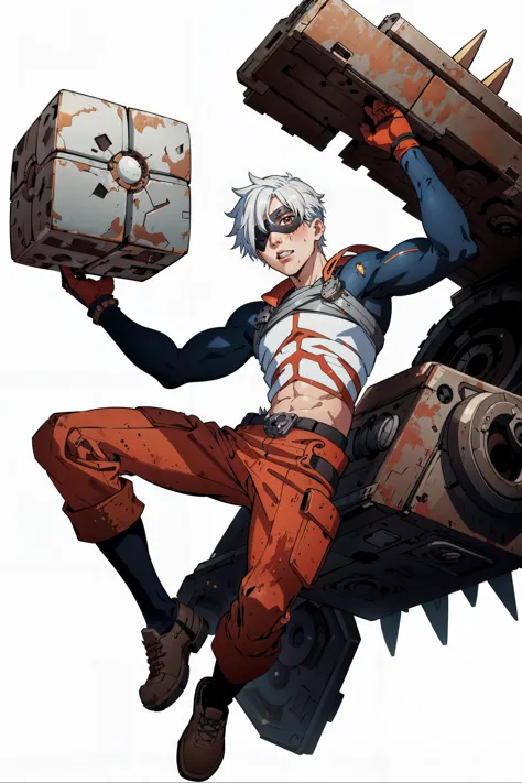 oxidetech, (masterpiece, best quality, highly detailed:1.2), (white background:1.2), full body, anime, AS-YoungV2, post-apocalypse, (1boy, small, young), serious, mechanic, (lifting a giant cube), rusty steel, eye patch, white hair, (scars), spikes,