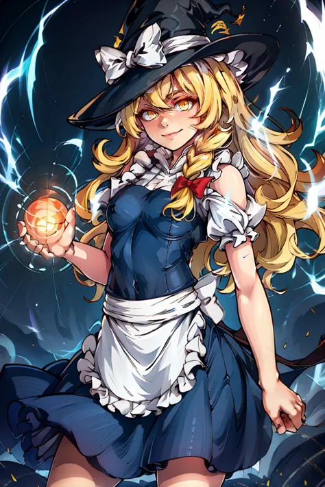 Aura, energia, brilhante,swirling energia, pose dinâmica, ((obra de arte,melhor qualidade)), absurdos, Kirisame_Marisa_Touhou,   1 garota, cabelo loiro, kirisame marisa, Sozinho, cabelo longo, Trança, arco, Chapéu de Bruxa Negra, olhos amarelos, single Trança, hair arco, Saia preta, apron,  Sozinho, sorridente, Olhando para o visualizador, tiro de vaqueiro,