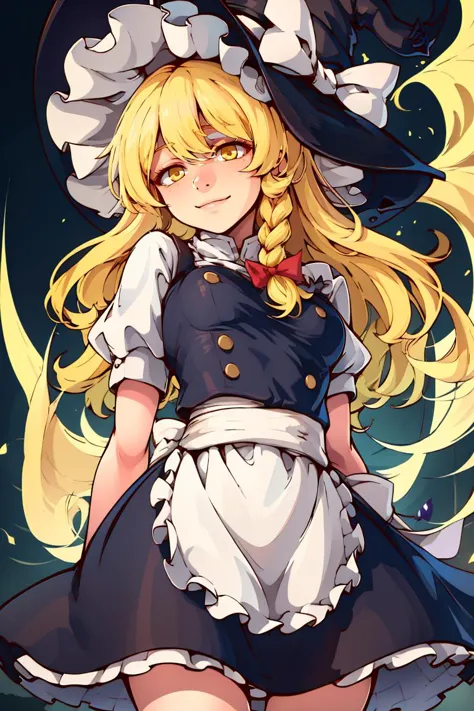 ((masterpiece,best quality)), absurdres, <lora:Kirisame_Marisa_Touhou:0.8>, Kirisame_Marisa_Touhou,   1girl, blonde hair, kirisame marisa, solo, long hair, braid, bow, black witch hat, yellow eyes, single braid, hair bow, black skirt, apron,  solo, smiling, looking at viewer, from below, cowboy shot,