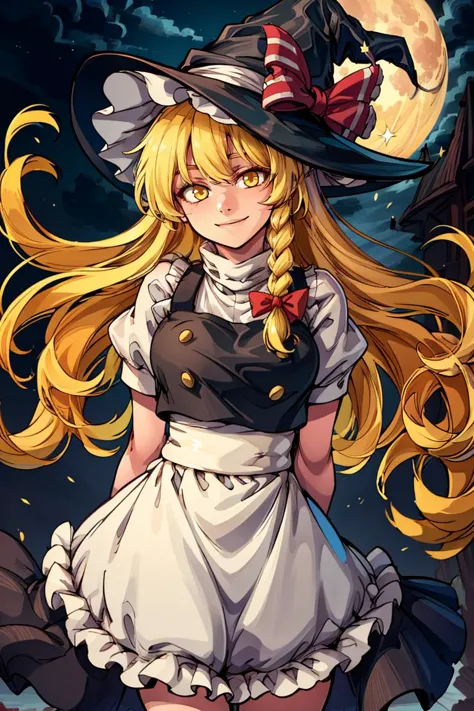 a woman in a witch costume standing in front of a full moon