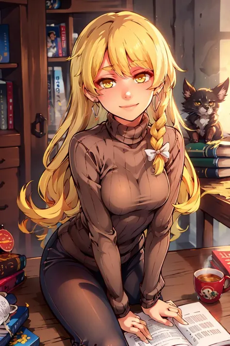 anime girl sitting on a desk with a book and a cat