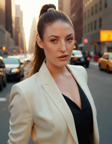 angelawhite ,On the bustling streets of New York during the golden hour, where the city's energy is palpable, a cinematic photo ...