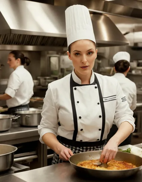 angelawhite ,Inside the bustling kitchen of a renowned restaurant, with chefs and sous-chefs artfully plating dishes and the cla...