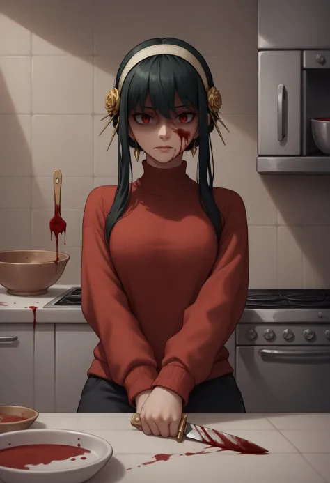 score_9, score_8_up, score_7_up, source_anime, 1girl, yor briar, red sweater, kitchen, kitchen knife, shaded face, blood, blood ...