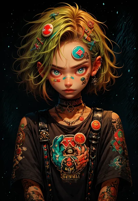 score_9, score_8_up, score_7_up, detailed, aesthetic, glowing, night, (dark environment), jewelry, sticker, hair ornament, hairclip, ear piercing, bandaid on face, ring, choker, necklace, bandaid on hand, tattoo, <lora:ArtstyleStickerV2_XLPD:1.25>, colorful