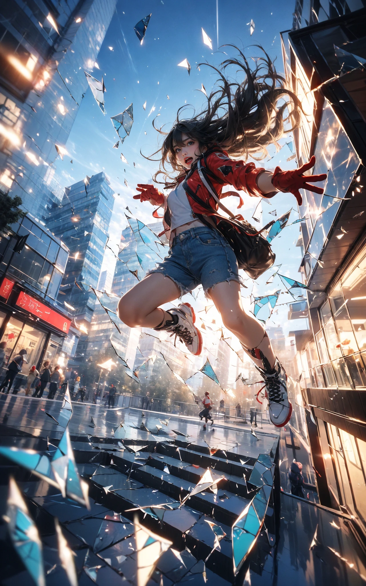 空中でジャンプする, 1人の女の子, 口を開ける, 屋外, 建物, (割れたガラス:1.5), 靴, (赤い手袋:1.3),
輝き, 反射ガラス, 光害
