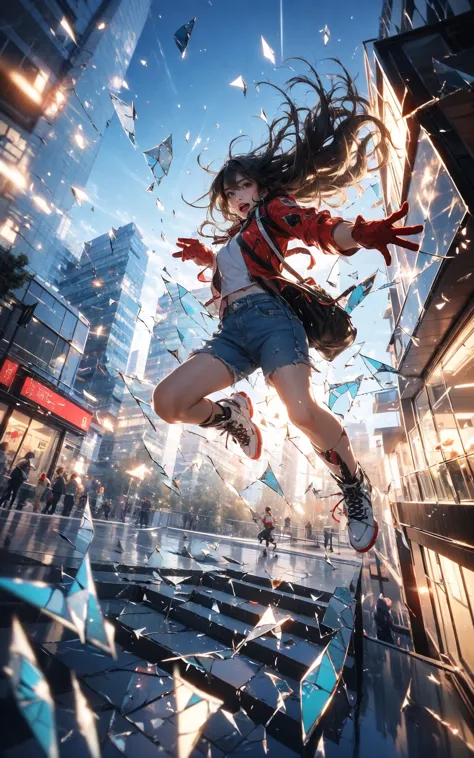 jumpingmidair, 1girl, open mouth, outdoors, building, (broken glass:1.5), shoes, (red gloves:1.3),
Glow, reflective glass, ligh...