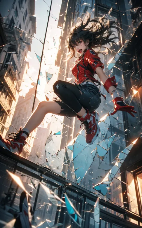 jumpingmidair, 1girl, open mouth, outdoors, building, (broken glass:1.5), shoes, (red gloves:1.3),
Glow, reflective glass, ligh...
