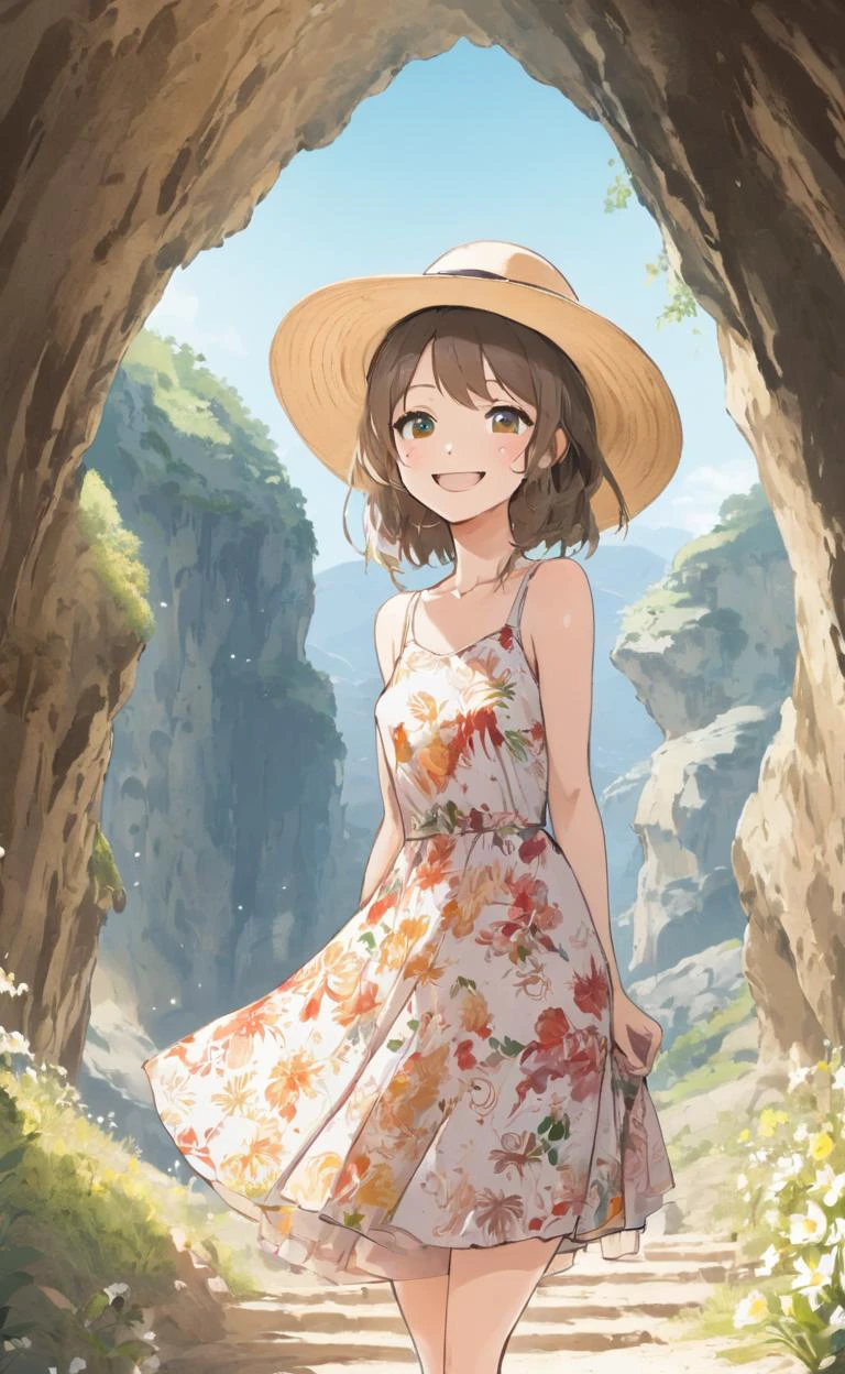 Una mujer sonriendo frente a la entrada de una cueva., animado, Vestido de flores, sombrero de ala ancha,  sol, cielo limpio