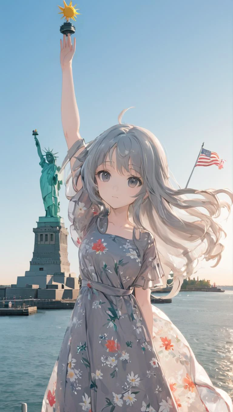 여자 1명, 일본 만화 영화, 꽃무늬 드레스, 회색 긴 머리, 흔들며, 해, 맑은 하늘, 바다, 자유의 여신상,