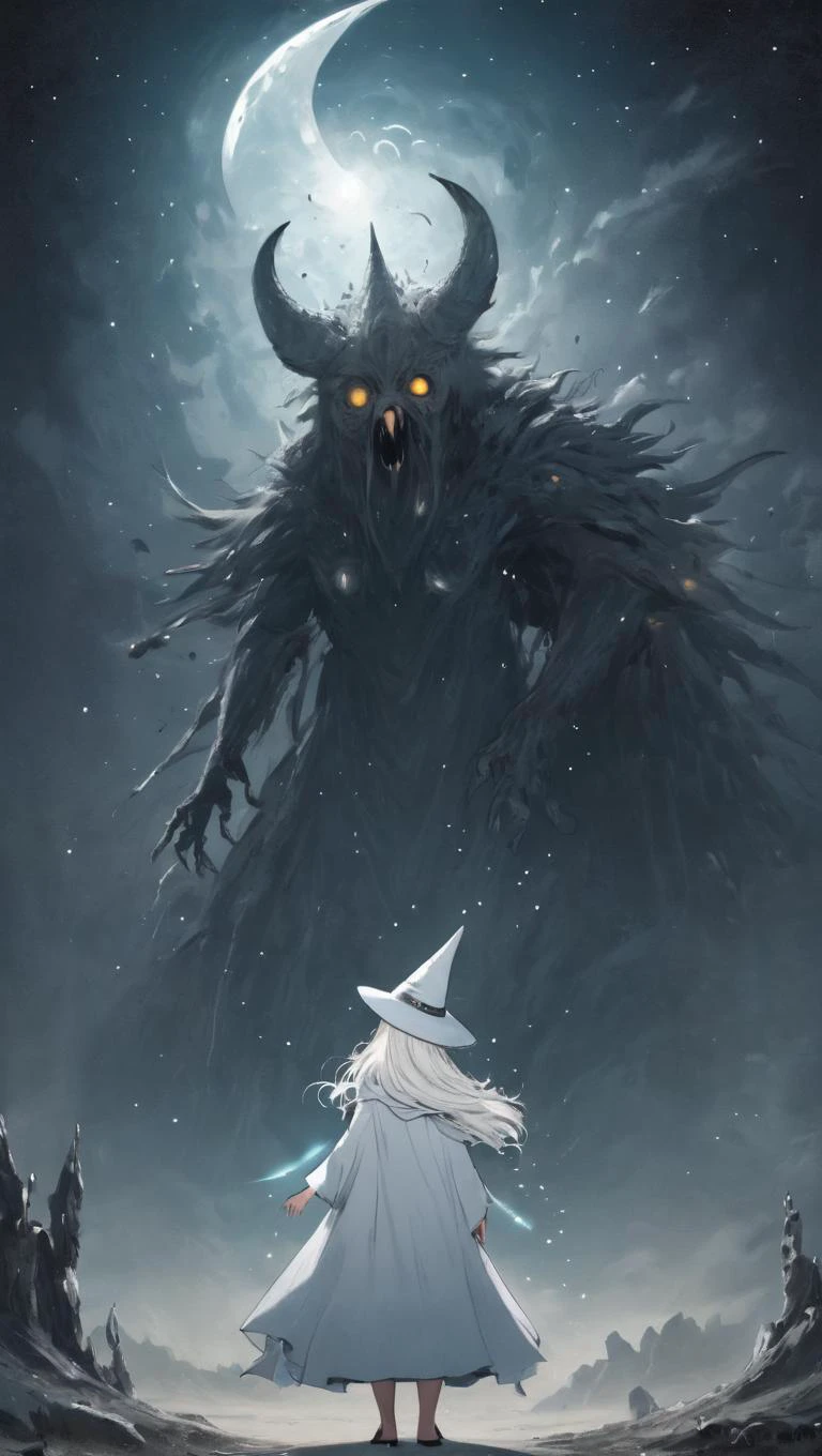 女巫師緊張地面對怪物, 白色女巫帽, 一個有許多眼睛和角的怪物月亮, 流星雨, (後視圖:1.4)
