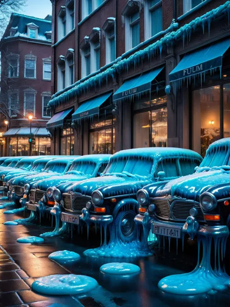 a row of old cars covered in ice on a city street