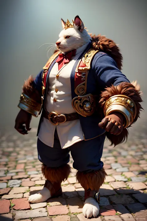 (Professional 3D rendering:1.3) of fantasycharacter, 1boy solo, standing, male focus, full body, front view, looking at the viewer, fantasy video game character, battle ready pose, (crown, furry, animal ears, white shirt, claws, long sleeves, barefoot, brown vest, blue jeans pants), (realistic eyes, realistic fur, realistic hands, fit body, veiny muscles, detailed fur), (((cinematic lighting, outside fantasy background))),CGSociety,ArtStation