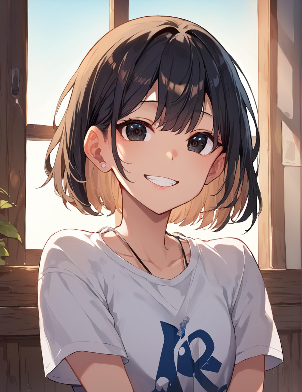 Anime girl with short hair and a white shirt sitting in front of a window -  SeaArt AI