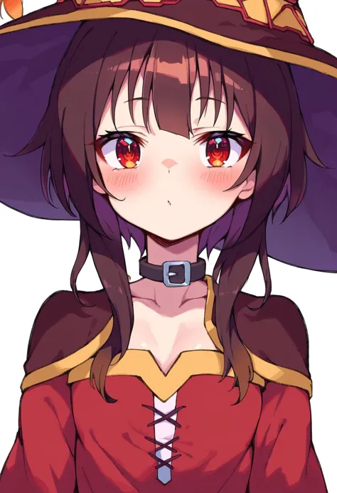 pontuação_9, pontuação_8_acima, pontuação_7_acima, pontuação_6_acima, anime fonte, QUEBRA nimugempnxl, megumin, 1 garota, corar, Sozinho, Olhando para o visualizador, cabelo curto com mechas longas, seios pequenos, bandages, chapéu de bruxa, acimaper body