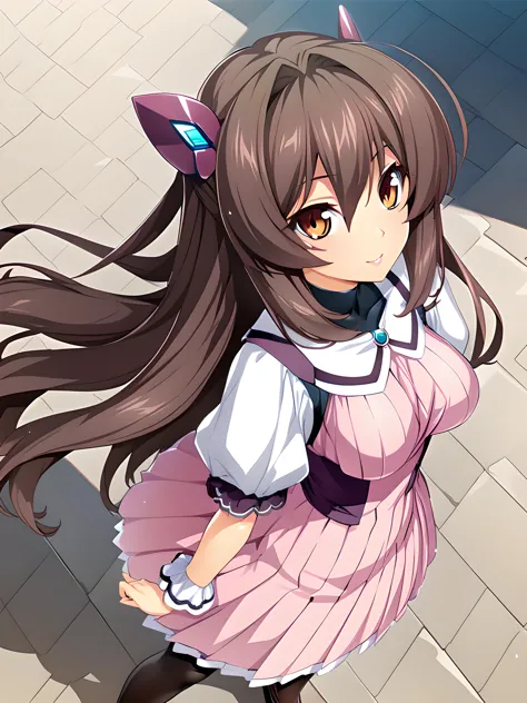 anime girl with long brown hair and pink dress walking on sidewalk