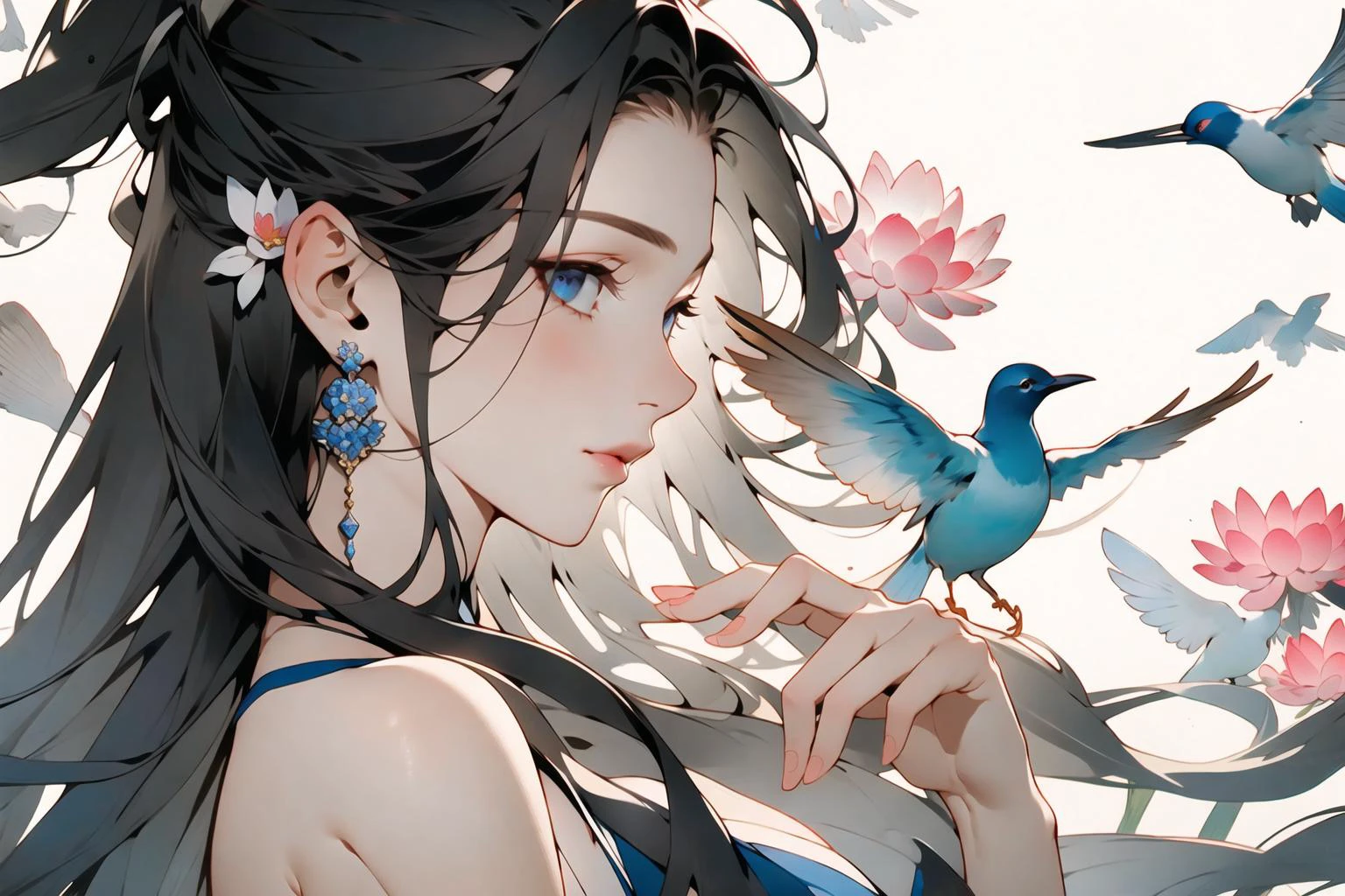 masterpiece,(masterpiece, top quality, best quality),1girl, long hair, bird, flower, black hair, lotus, solo, hair ornament, dress, bare shoulders, very long hair, upper body