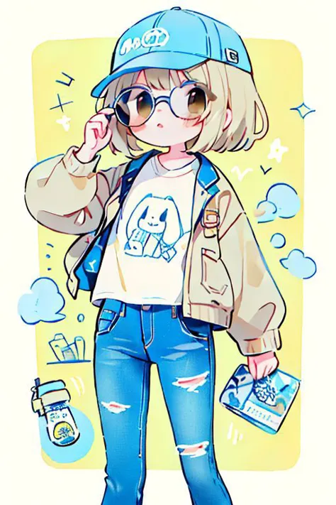 masterpiece, best quality cute doodle, 1girl, masterpiece,(bestquality),highlydetailed,ultra-detailed,girl in casual style,loose white T-shirt,layered with a beige short jacket,deep blue jeans,white sneakers,accessories: grey baseball cap and stylish sunglasses