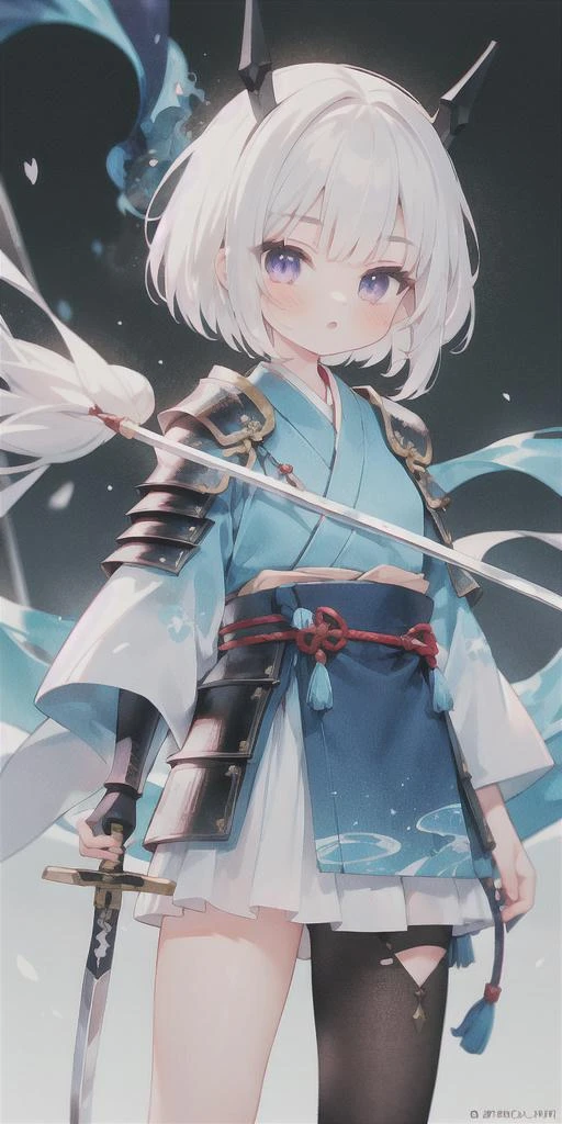 1個女孩, 日本裝甲, 白色的頭髮, 紫色的眼睛, 劍, ((holding 劍)), 藍色火焰, 發光武器, 輕粒子, 壁紙, 色差