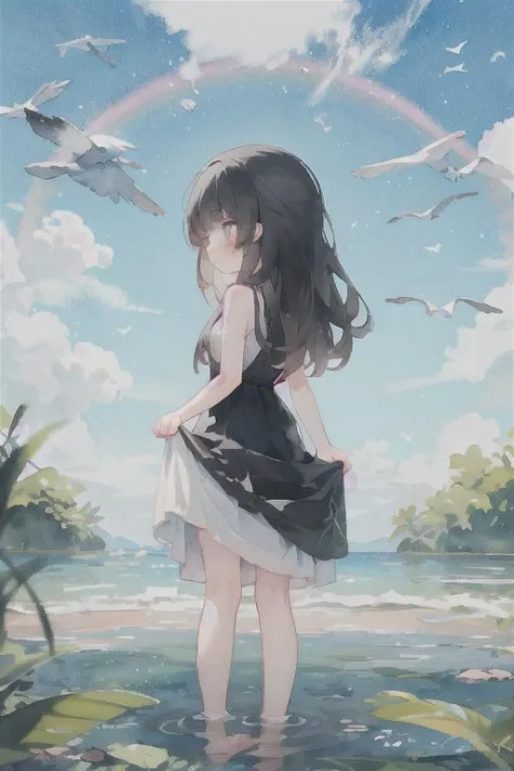 masterpiece, best quality, absurdres, illustration, watercolor,
1girl, solo, long hair, black hair, dress, skirt hold, wading, sleeveless, barefoot, bare shoulders, standing, from behind,
outdoors, cloud, sky, bird, water, rainbow, (Oval face)