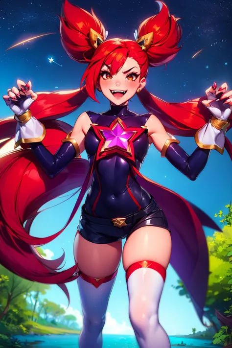 1girl, solo, ((enthusiastic)), flexing, (adult, mature), (pouncing), claw pose,  masterpiece, best quality, WHITE THIGHHIGHS, ELBOW GLOVES, HAIR ORNAMENT, SHORT SHORTS, STAR GUARDIAN \(LEAGUE OF LEGENDS\), TWINTAILS, LONG HAIR, RED HAIR, FANGS ,<lora:Tweak_Detail25:0.5>, Tweak_PrettyEyes:0.8 <lora:Tweak_Colorful-V2:0.7>, with a mangrove forest in the background, shooting star streaking across the sky  <lora:Char_lol-StarGuardianJinx:0.7>