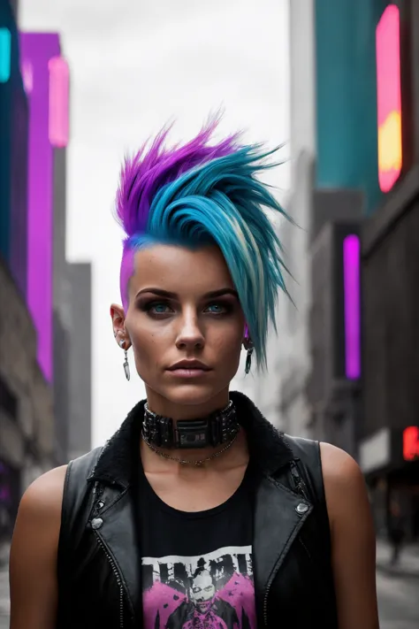 A girl with short rainbow hair faux hawk style, outdoors, cyberpunk city, she has shaved hair, mohawk style