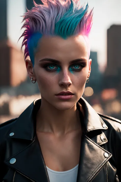 A girl with short  multicolored pink teal and blue hair faux hawk style, red eyes, leather jacket, crop top, upper body, outdoor...