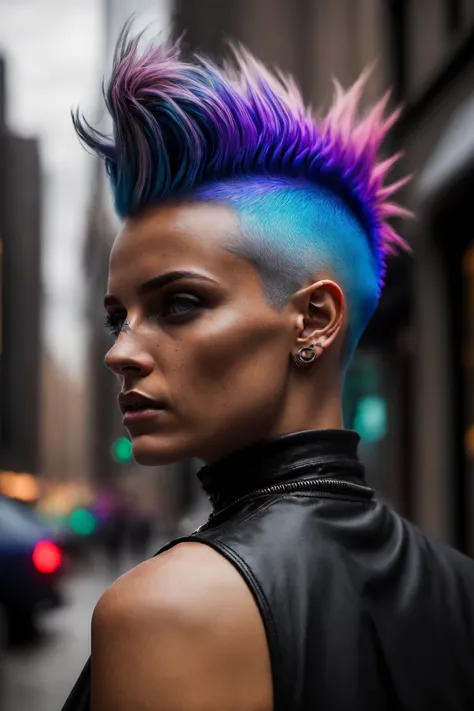 A girl with short rainbow hair faux hawk style, outdoors, cyberpunk city, she has shaved hair, mohawk style  AmericanHeritage-Po...