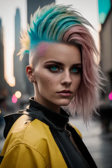A girl with short  multicolored pink teal and yellow hair faux hawk style, outdoors, cyberpunk city, she has shaved hair, mohawk...
