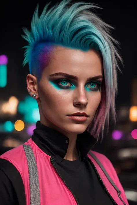 A girl with short  multicolored pink teal and blue hair faux hawk style, red eyes, outdoors, cyberpunk city, she has shaved hair...