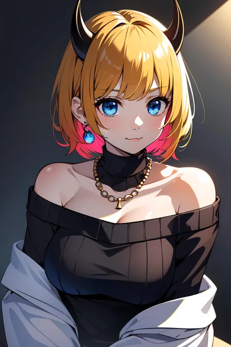 masterpiece,best quality, ultra res, extremely detailed,
1girl,MEMCHO<lora:Memcho:0.6>
multicolored hair, blonde and black hair, short hair,  blue eyes,  (:3 :1.4)
(BLUE SWEATER, BLACK SHIRT, SHIRT UNDER SWEATER, OFF SHOULDER TOP)
PEARLS NECKLACE, EARRINGS...