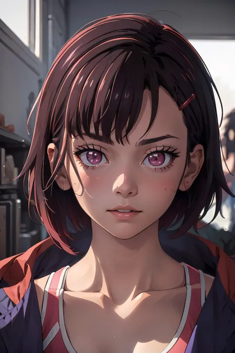 anime girl with purple eyes and a red jacket