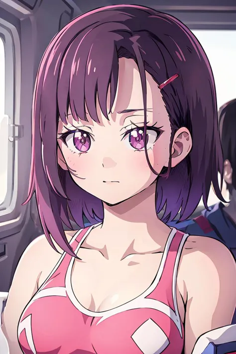 anime girl in a pink top and purple hair sitting in a car