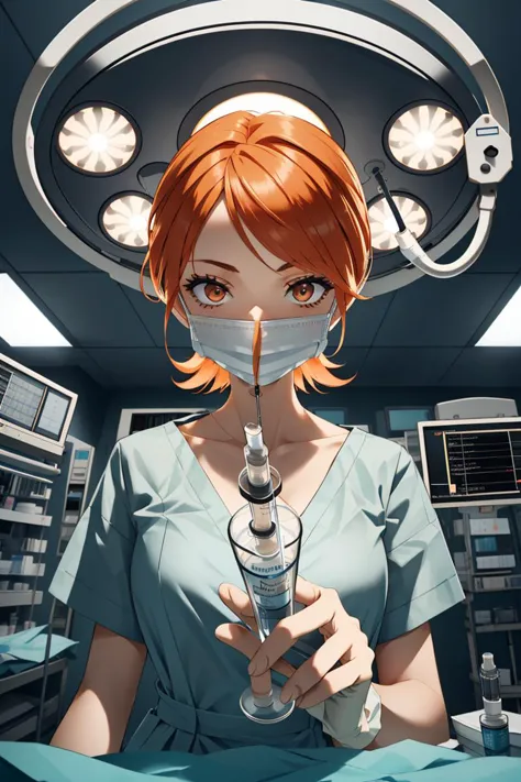 a woman in a surgical mask holding a glass of water