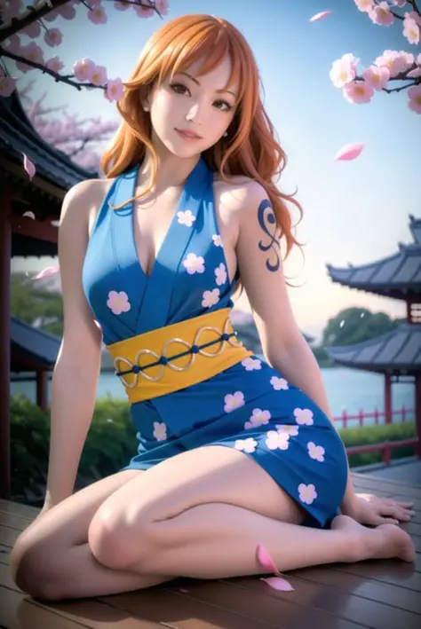 masterpiece, (photorealistic:1.5), best quality, beautiful lighting, real life, 
nami \(one piece\),
1girl, architecture, cherry blossoms, east asian architecture, falling petals, gold, japanese clothes, kimono, log pose, long hair, looking at viewer, open...