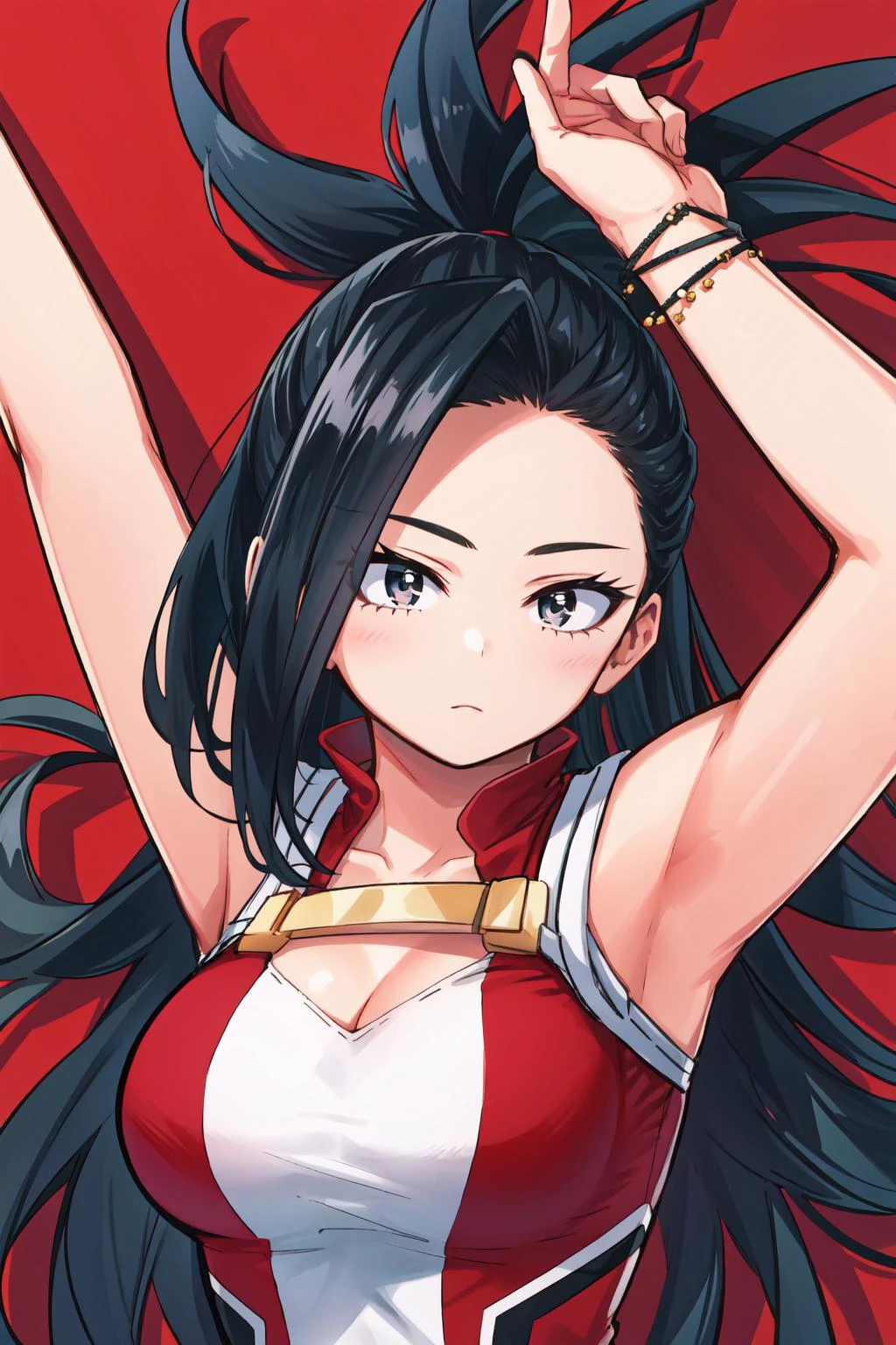 best quality, intricate details, 
1girl,   yaoyorozu momo,  center opening, collarbone, cleavage,  red leotard,
 