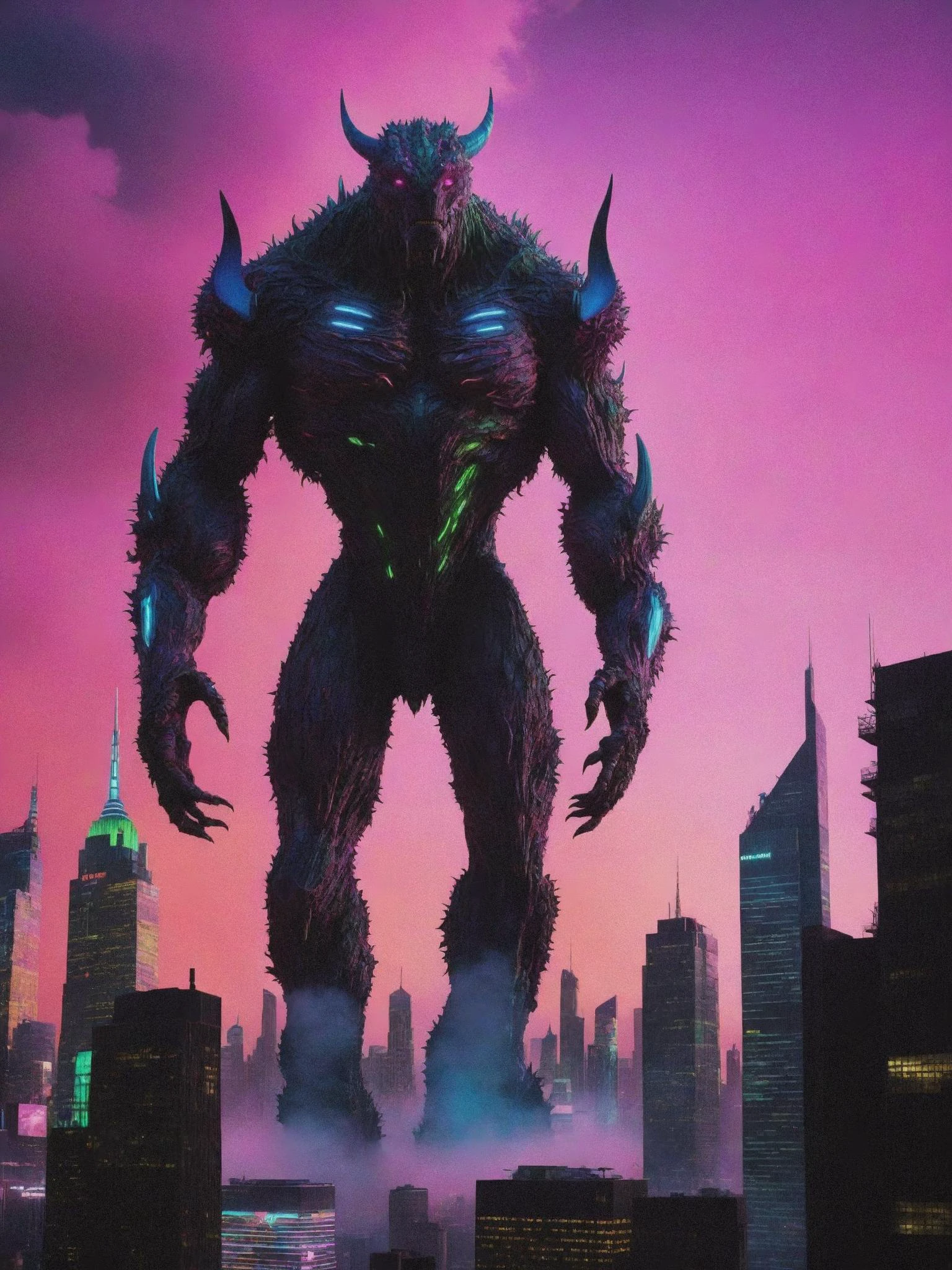 -A surreal movie scene featuring a giant, otherworldly creature towering over a futuristic cityscape. The scene is bathed in vibrant, neon colors and features intricate details and textures. , cinematic movie by Todd Phillips , Dante Spinotti