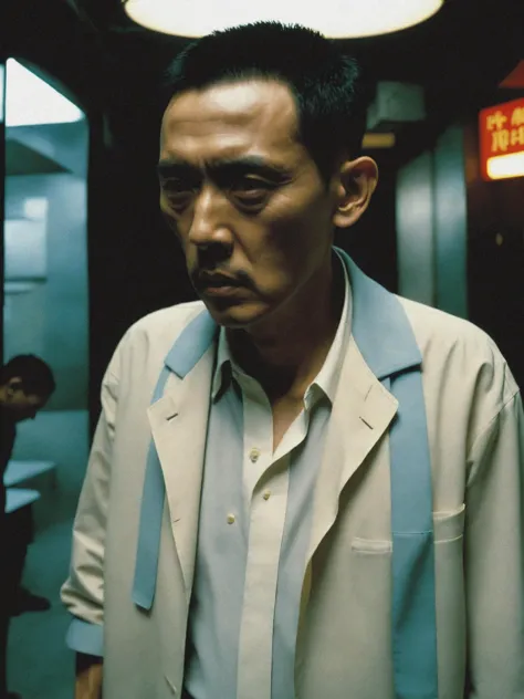 a man in a white shirt and blue tie standing in a hallway