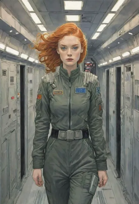 contour épais et gras, peinture acrylique illustration portrait d'une jolie jeune fille irlandaise rousse endomorphe vêtue d'une tenue de pilote de chasse, s&#39;éloigner en regardant le spectateur, dans un couloir de destroyer stellaire, extrêmement détaillé, À la manière de Star Wars