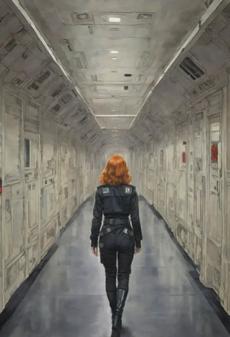 contorno grueso y negrita, pintura acrílica ilustración retrato de una joven y bonita endomorfa irlandesa pelirroja vestida con un traje negro de piloto de caza TIE, alejándose mirando al espectador, in a star destroyer corridor, extremadamente detallado, estilo guerra de las galaxias