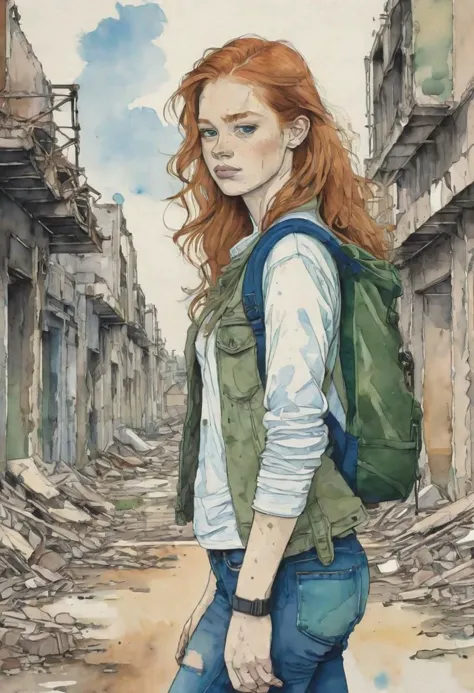 thick bold outline flat inking, brown and green ink watercolor painting illustration portrait of a pretty young ginger irish girl wearing blue-jeans, snickers, a white t-shirt, a blue-jeans vest, a green backpack, walking away looking back at the viewer, in a post-apocalyptic city in ruins